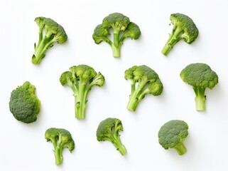 A collection of fresh broccoli heads neatly arranged in a group on a clean white surface.