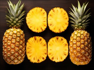 A close-up photo of a group of pineapples cut in half, neatly arranged on a table.