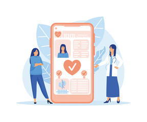 Electronic health record, EHR digital patient chart via smartphone. Female doctor reading medical, treatment history, clinical data of young woman, healthcare app. flat vector modern illustration