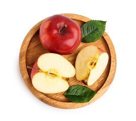 Wooden board with fresh red apples and leaves on white background