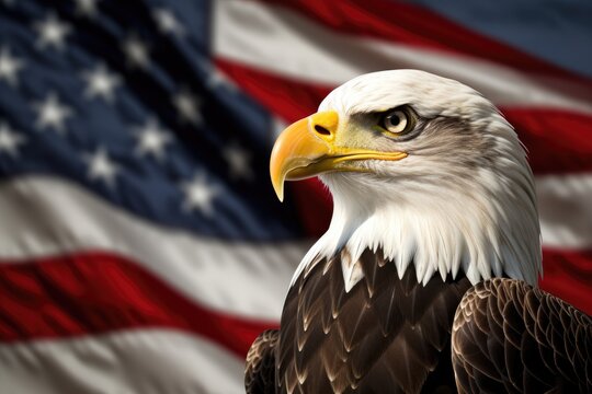A bald eagle stands proudly in front of an American flag, showcasing the majestic national bird alongside a symbol of American patriotism.