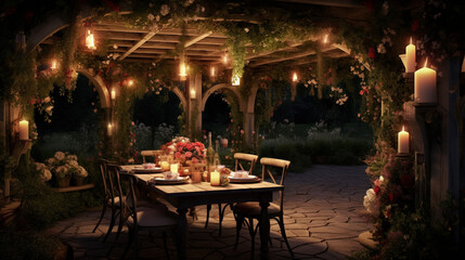 Fototapeta na wymiar a garden pergola dressed in blooming vines and soft sunlight creates an enchanting escape, where nature's embrace and delicate fragrances intertwine in a picturesque dance.