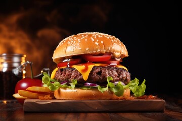 A delicious cheeseburger with melted cheese, fresh lettuce, ripe tomato, and tangy pickles on a sesame seed bun.