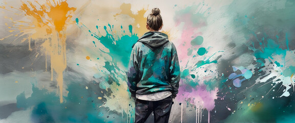 The back of a woman wearing a hooded jumper and tying her hair. Background of rough paint. Illustration in watercolor style.
