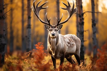 A noble deer stands in the middle of a sun-dappled forest, surrounded by towering trees and lush greenery.