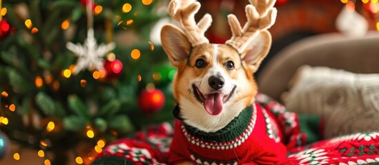 Festive corgi dog in antlers and sweater, sitting on cozy sofa by decorated tree, sticking out tongue, merry card.