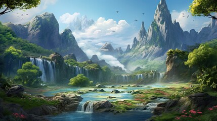 Beautiful natural landscape illustration, with lush vegetation and elegant waterfalls.
