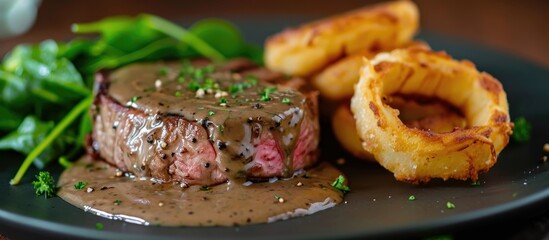 Steak with peppercorn sauce and onion rings