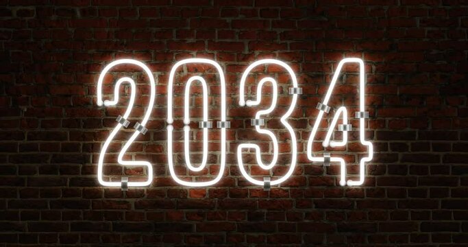 3D 2034 Happy New Year Neon Light Flickering Animation Shining Over a Brick Wall Background