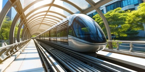 modern high speed train in futuristic modern city. - obrazy, fototapety, plakaty