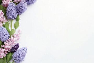 hyacinth and eucalyptus on white background copy space