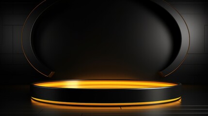 Black round podium in dark room with neon lights. 3d render Generative AI