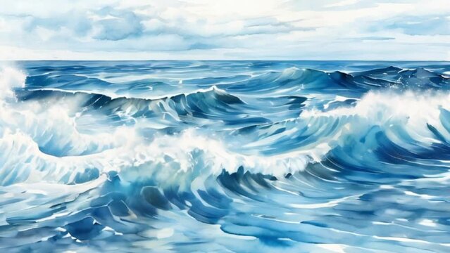 ocean waves, seascape hand drawn oil illustration, motion