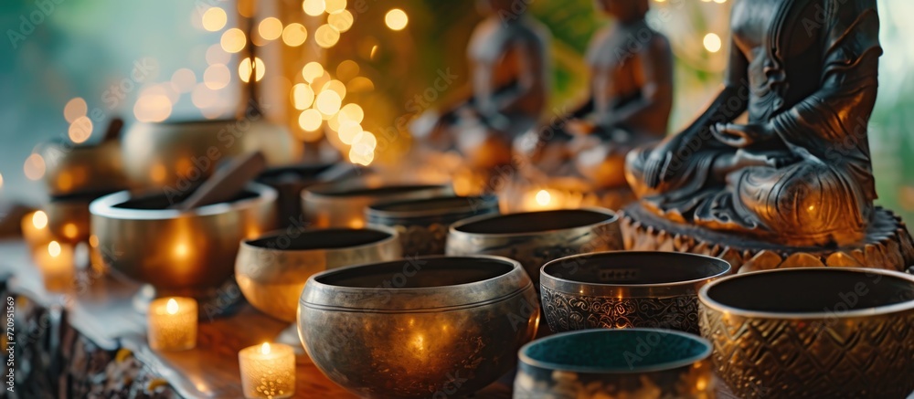 Wall mural singing bowls, buddha, and focused meditation. nearby.