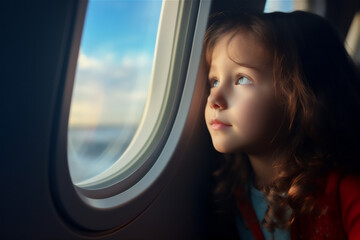 Fototapeta na wymiar child in the airplane look at sunset through the window