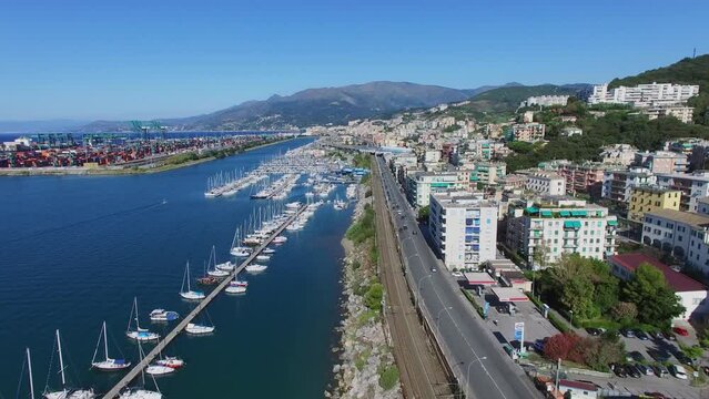 Genoa, Italy, cityscape with transport traffic on State Route 1 