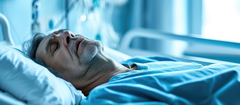 Comatose male patient in hospital.