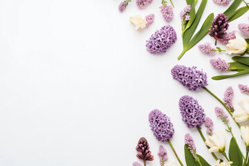 hyacinth and eucalyptus on white background copy space