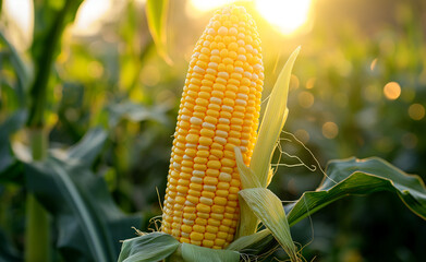 Golden corn cob with vivid kernels, fresh green foliage, embodying sustainable farming and healthy eating with a soft green backdrop.
