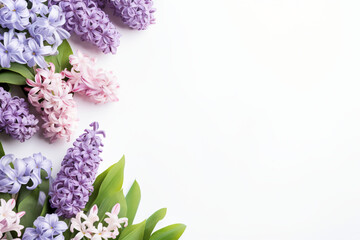 hyacinth and eucalyptus on white background copy space