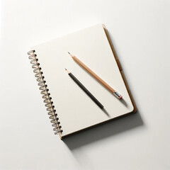 Fototapeta premium sketchbook and a pencil lying on a white background The sketchbook is open showing blank pages ready for drawing The pencil is placed diagonally