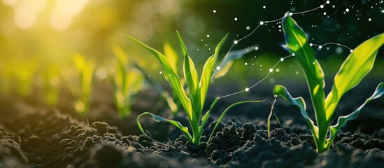 Smart agriculture utilizing IoT technology, utilizing infographics for growing corn seedlings. - obrazy, fototapety, plakaty