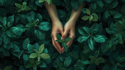 a poster with hands and planting, in the style of lush landscape backgrounds, the pictures generation, dark white and green, smilecore, innovative page design, naturalistic forms