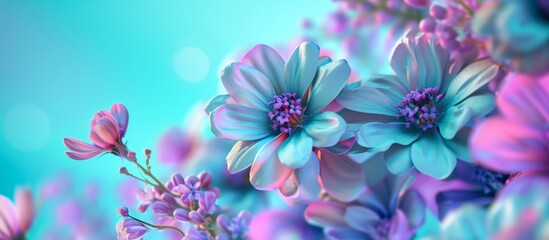Vibrant Lilac and Blue Flowers on a Bright Light Blue Background