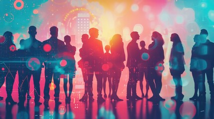 Group of multinational people and technology. Digital transformation. Wide angle visual for banners or advertisements.