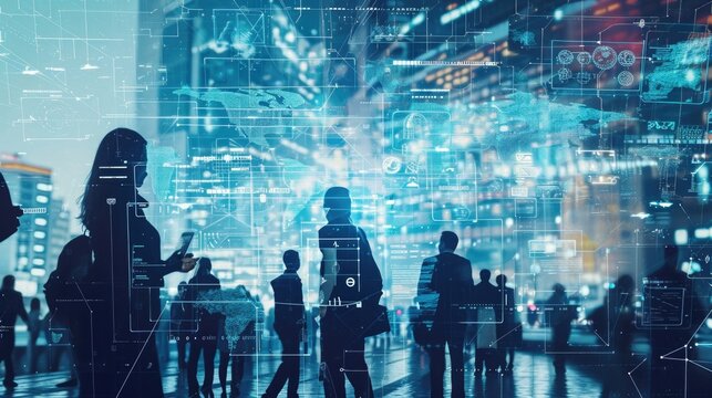 Group of multinational people and technology. Digital transformation. Wide angle visual for banners or advertisements.