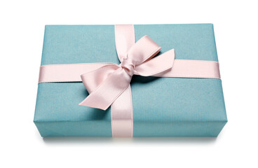 Blue gift box with pink bow on white background. International Women's Day