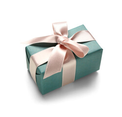 Blue gift box with pink bow on white background. International Women's Day