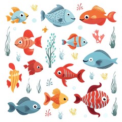 Cute colorful fishes and seaweed. flat cartoon illustration. Generative AI