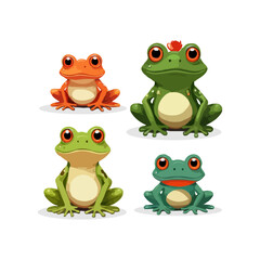 Fototapeta premium Green cartoon frogs, active water animals, cute amphibian. Funny frogs, sleeping and jumping froglets flat vector illustrations set. Cute froggy collection