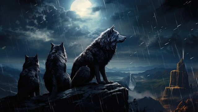 Moonlit Raindance: Wolves Roaming Under the Night Sky