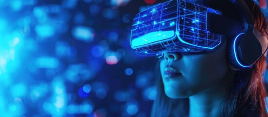 Future digital technologies, cyber girl uses hologram in neon blue light. Cyberspace, VR games.