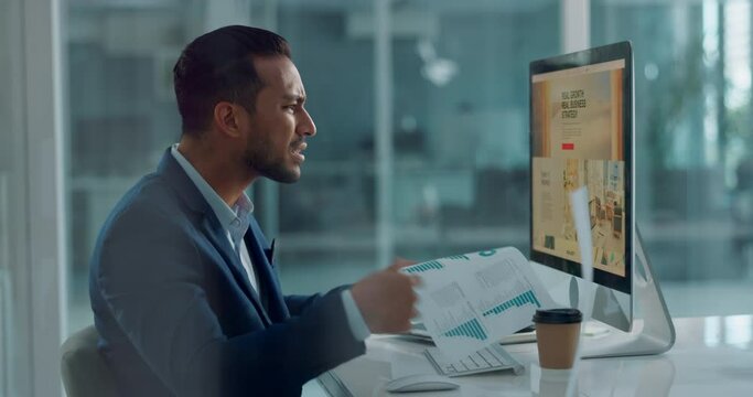Frustrated, business man and document error at office desk with stress and anxiety from project. Paperwork, lawyer and angry male professional with proposal mistake and workplace crisis at computer