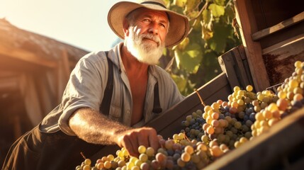 Experienced Farmer Pouring Grapes into Truck in Vineyard AI Generated