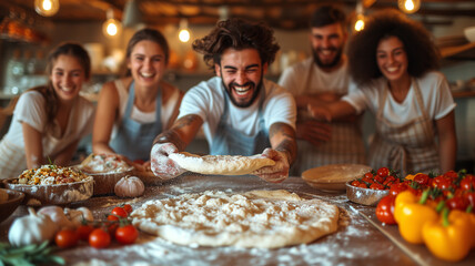 Group of young people cooking pizza in the kitchen at home.