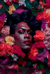 Black Androgynous drag queen king surrounded by floral flower background