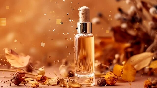 Standing transparent glass cosmetic dropper bottle with dried flowers and leaves on beige background