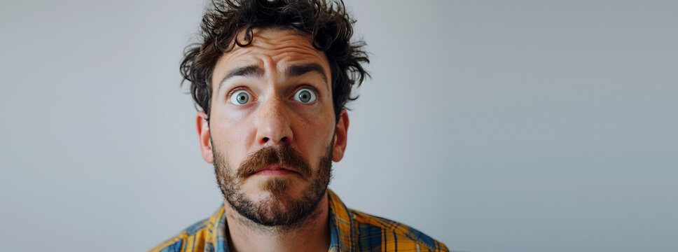 A young man in a shirt with an excited surprised face on an isolated background generated AI