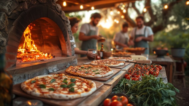 Group of friends preparing pizza in the garden at sunset. People having fun outdoors - Powered by Adobe