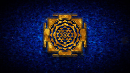 Sri Yantra Sacred Geometry Hinduism Symbol Gold Texture On Dark Blue Shiny Grunge Subtle Grain Texture Effect Background