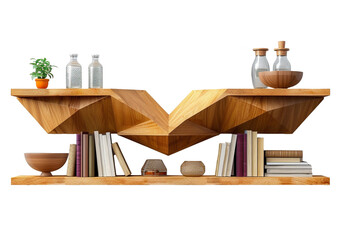 A minimalist bookshelf with geometric shapes and open shelving, isolated on transparent background. PNG Isolated furniture for interior design.