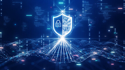 Cyber security technology concept shield protection connection big data abstract binary code dark blue background