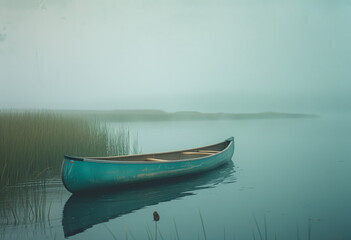 Tranquil Morning - A Lone Canoe Resting by Misty Lake Surrounded by Reeds, Capturing the Essence of Peace and Serenity