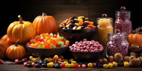 Fototapeta na wymiar Halloween Candy Spread on Table for Trick-or-Treaters AI Generated