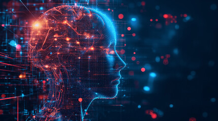 AI fusion of human intellect and machine precision, digital brain, tech innovation, future concept.