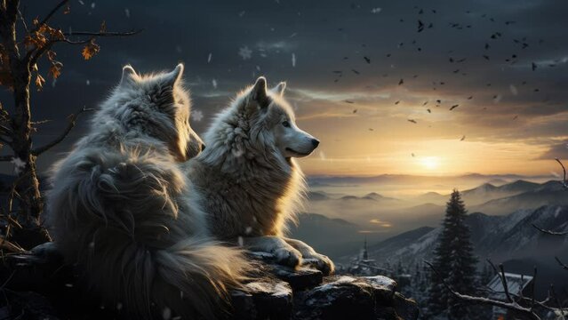 Mountain Gaze: White Wolf Pair Perched in a Tree, Overlooking the Peaks
